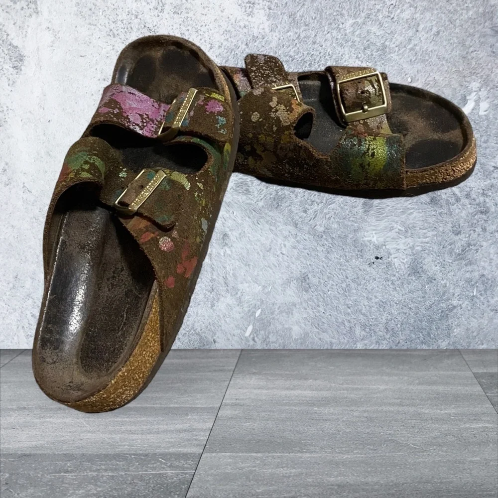 BIRKENSTOCK ARIZONA Flower Crush Mocca Leather Sandals Slide US5 EU36 UK3 Womens